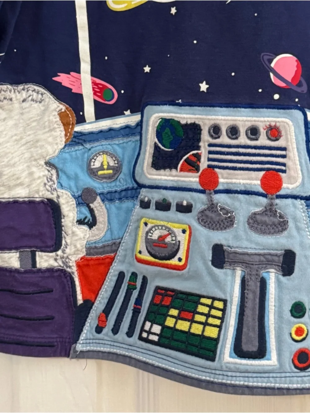 Mini Boden Boy Navy Space Cockpit Appliqué Colorful Planets Print Long Sleeve - Picture 4 of 8